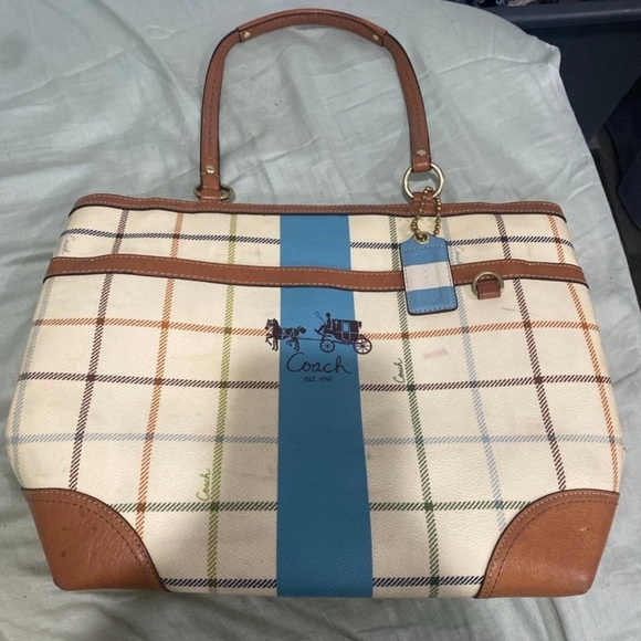 Authentic vintage coach white blue heritage plaid leather shoulder bag‎